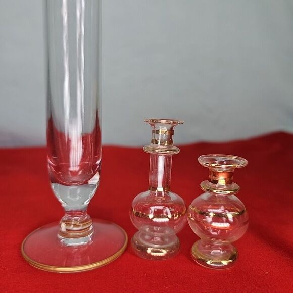 Crystal Bud Vase Set of 3 Gold 24K Trim Mini Footed Slender Flute - Picture 3 of 13